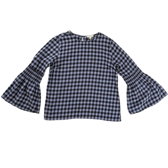 BeachLunchLounge Blue Black Checker Roberta Bell Sleeve Gingham Check Top - Picture 1 of 9